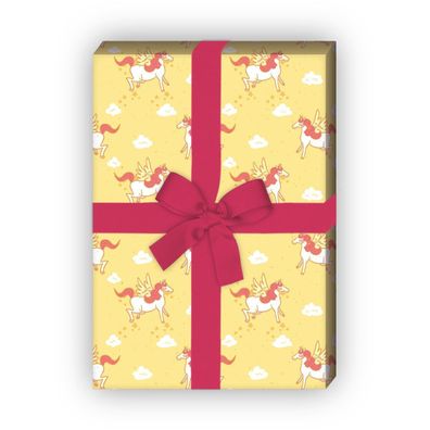 Märchenhaftes Geschenkpapier mit geflügeltem Einhorn auf gelb - G7589, 32 x 48cm