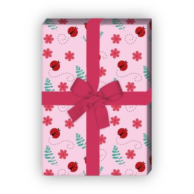 Marienkäfer Geschenkpapier mit Glücks-Käfern und Blumen, rosa - G8285, 32 x 48cm