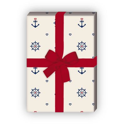 Maritimes Geschenkpapier zum Einpacken mit Herz, Anker und Steuerrad, beige - G10279,