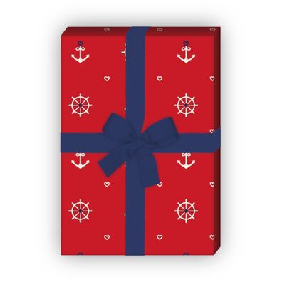 Maritimes Geschenkpapier zum Einpacken mit Herz, Anker und Steuerrad, rot - G10281