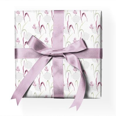 Modernes abstraktes Geschenkpapier mit Blättern, weiß, rosa - G23067, 32 x 48cm