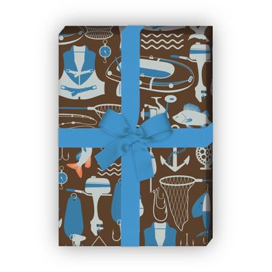 Modernes Angler Geschenkpapier mit Reusen, Angelhaken etc., braun blau - G7527, 32 x