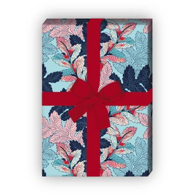Modernes Geschenkpapier zum Einpacken mit Laub Blätter Muster, hellblau - G10244
