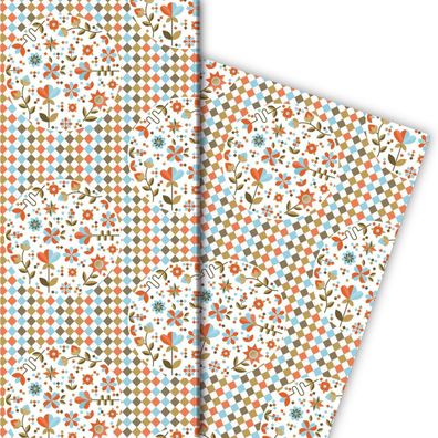 Modernes grafisches Geschenkpapier mit Retro Blumen und Muster auf weiß - G7625, 32 x