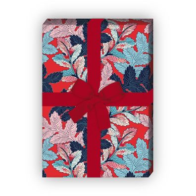 Modernes rotes Geschenkpapier zum Einpacken mit Laub Blätter Muster - G10243, 32 x 48