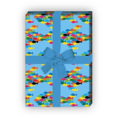 Modernes Sommer Geschenkpapier mit buntem Fisch Schwarm auf blau - G7524, 32 x 48cm
