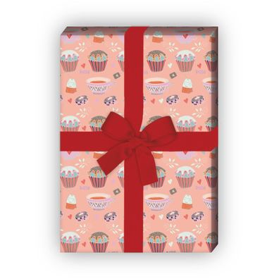 Muffin Geschenkpapier mit Tee Tassen auf rosa - G7608, 32 x 48cm