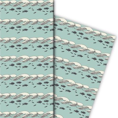 Nautisches Geschenkpapier mit Meeres Wellen und Fischen, hellblau - G8157, 32 x 48cm