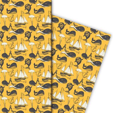 Nautisches Geschenkpapier mit Segelbooten und Walfischen, gelb - G8167, 32 x 48cm