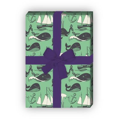Nautisches Geschenkpapier mit Segelbooten und Walfischen, grün - G8168, 32 x 48cm