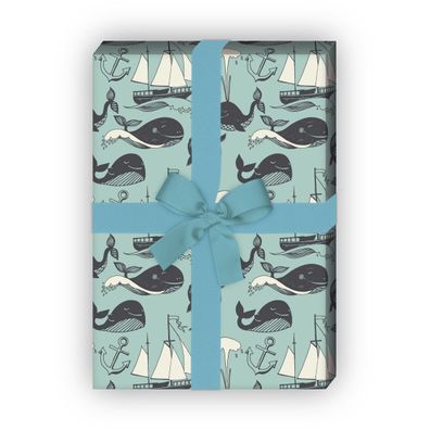 Nautisches Geschenkpapier mit Segelbooten und Walfischen, hellblau - G8166, 32 x 48cm