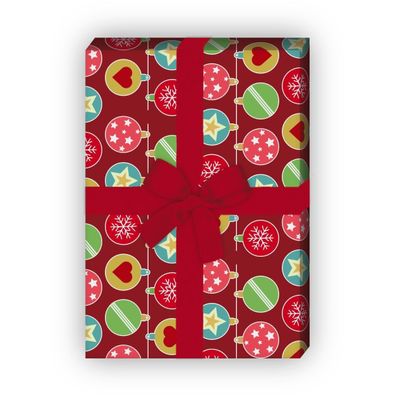 Nettes rotes Weihnachts Geschenkpapier mit Weihnachtskugel Streifen - G8488, 32 x 48c