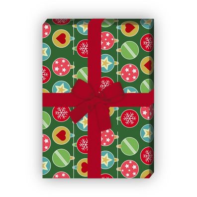 Nettes Weihnachts Geschenkpapier Set mit Weihnachtskugel Streifen, grün - G8489, 32 x