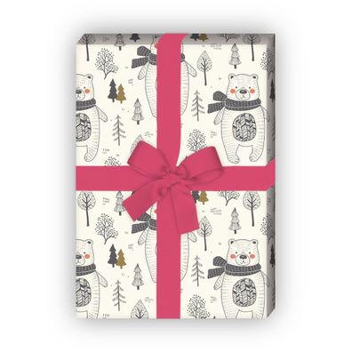 Nettes Winter Weihnachts Geschenkpapier Set mit Bär im Wald - G11847, 32 x 48cm