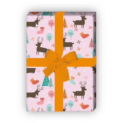 Niedliches Geschenkpapier mit Hirschen im Wald in rosa - G6324, 32 x 48cm
