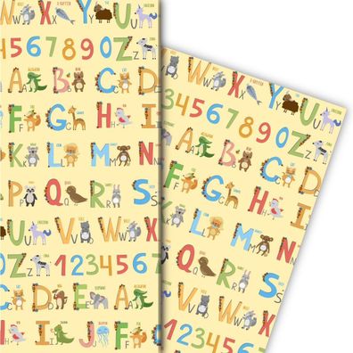 Niedliches Kinder Geschenkpapier mit englischem Alphabet auf gelb - G7667, 32 x 48cm
