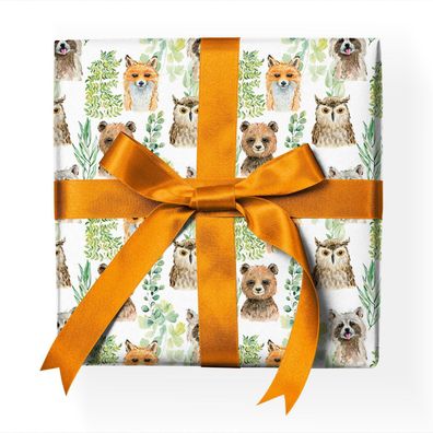 Niedliches Kinder Geschenkpapier mit frechem Waschbär Fuchs Wald-Tieren, grün - G2305