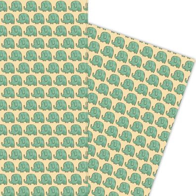Niedliches Kinder Geschenkpapier mit kleinen grünen Elefanten auf gelb - G5878, 32 x