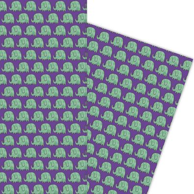 Niedliches Kinder Geschenkpapier mit kleinen grünen Elefanten auf lila - G5880, 32 x