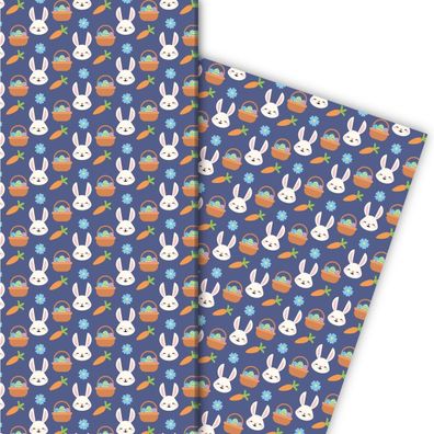 Niedliches Oster Geschenkpapier mit Hasen und Osterkorb, blau - G11889, 32 x 48cm