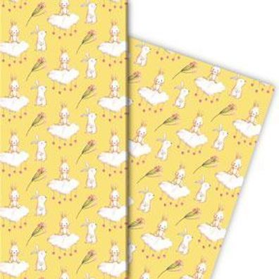 Niedliches Oster Geschenkpapier mit Herz & kleinen Hasen, gelb - G11663, 32 x 48cm