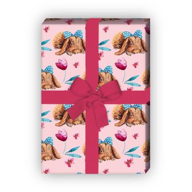 Niedliches Oster Geschenkpapier mit Osterhasen mit Schleife, Blumen, rosa - G8081