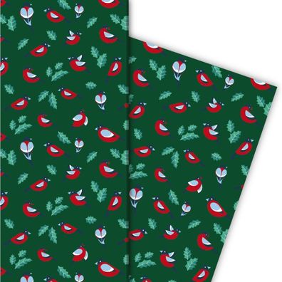 Niedliches Weihnachts Geschenkpapier mit Vögeln, grün - G4819, 32 x 48cm