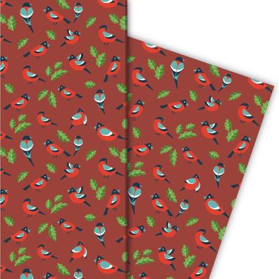 Niedliches Weihnachts Geschenkpapier mit Vögeln, rot - G4821, 32 x 48cm