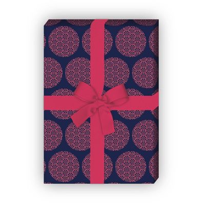 Orientalisches Geschenkpapier mit Blüten Kreisen, dunkelblau rosa - G11477, 32 x 48c