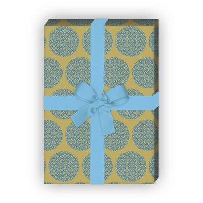 Orientalisches Geschenkpapier mit Blüten Kreisen, Erbsen grün blau - G11478, 32 x 48c