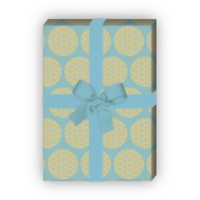 Orientalisches Geschenkpapier mit Blüten Kreisen, hellblau gelb - G11479, 32 x 48cm
