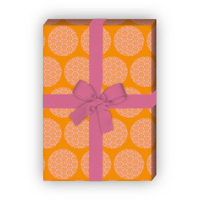 Orientalisches Geschenkpapier mit Blüten Kreisen, orange rosa - G11480, 32 x 48cm