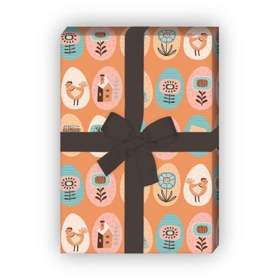 Ostereier Geschenkpapier mit aufgereihten folklore Ostereiern, orange - G11921, 32 x