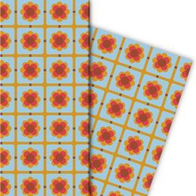 Retro 70er Jahre Geschenkpapier mit Blüten Muster in orange hellblau - G7232, 32 x 48