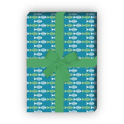 Retro Geschenkpapier mit kleinen Fischen in grün - G6370, 32 x 48cm