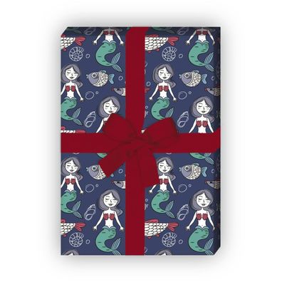 Retro Geschenkpapier mit kleiner Seejungfrau und Fischen auf blau - G7535, 32 x 48cm