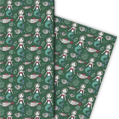 Retro Geschenkpapier mit kleiner Seejungfrau und Fischen auf grün - G7534, 32 x 48cm