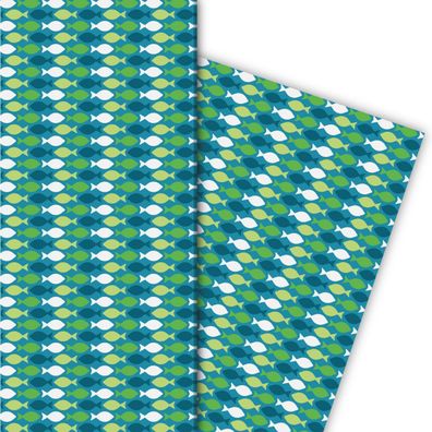 Retro Geschenkpapier mit schwimmenden Fischen in grün - G6373, 32 x 48cm