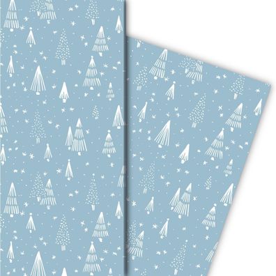 Retro Weihnachtspapier mit grafischem Weihnachtsbaum Wald, hellblau - G9837, 32 x 48c