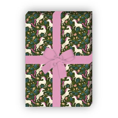 Romantik Einhorn Geschenkpapier, für kleine & große Mädchen, grün - G11519, 32 x 48cm