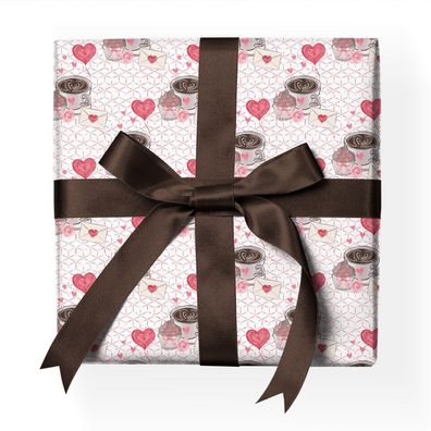 Romantik Valentinstag Liebes Geschenkpapier mit Herzen und Kaffee-Tassen, rosa - G221