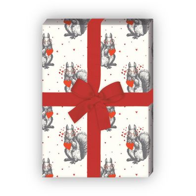 Romantische Winter Geschenkpapier mit Eichhörnchen und Herzen, Geburtstag - G12362