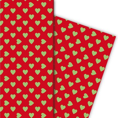 Romantisches Geschenkpapier mit großen Herzen grün auf rot - G5393, 32 x 48cm