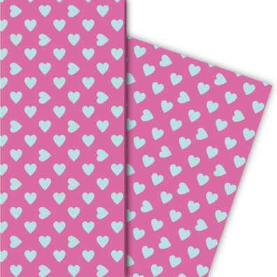 Romantisches Geschenkpapier mit großen Herzen hellblau auf rosa - G5383, 32 x 48cm