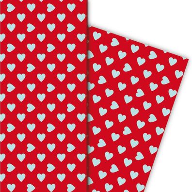 Romantisches Geschenkpapier mit großen Herzen hellblau auf rot - G5381, 32 x 48cm