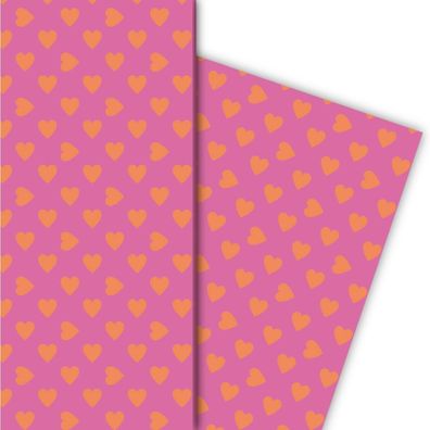 Romantisches Geschenkpapier mit großen Herzen orange auf rosa - G5389, 32 x 48cm