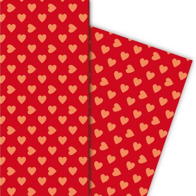 Romantisches Geschenkpapier mit großen Herzen orange auf rot - G5387, 32 x 48cm