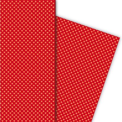 Romantisches Geschenkpapier mit kleinen Herzen orange auf rot - G5386, 32 x 48cm
