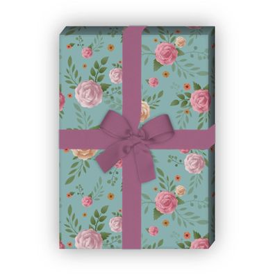 Romantisches Geschenkpapier mit Rosen und Röschen, hellblau - G8519, 32 x 48cm