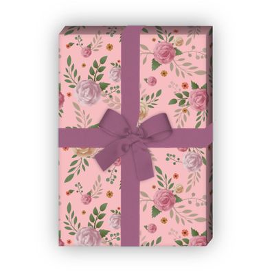 Romantisches Geschenkpapier Set mit Rosen und Röschen, rosa - G8518, 32 x 48cm